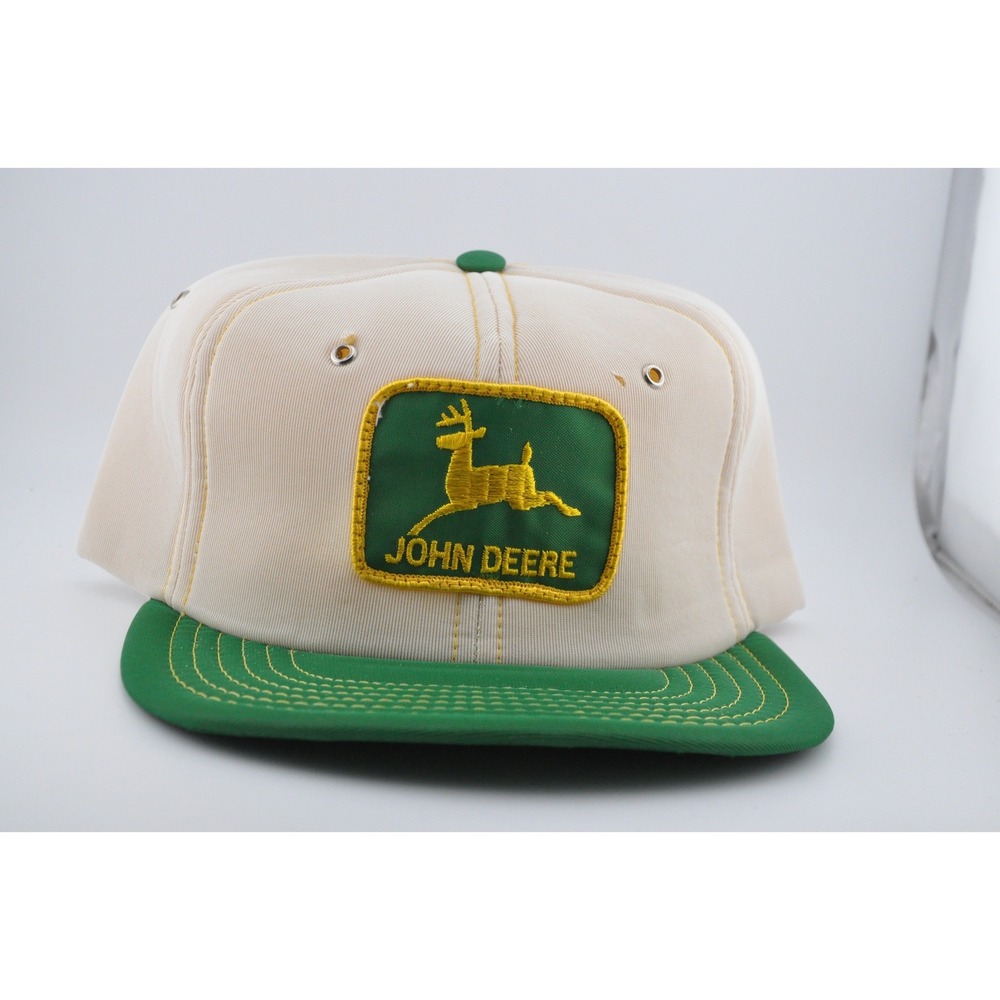 John Deere Trucker Hat OSFM Cream Green Excellent Vintage Snapback Canada
